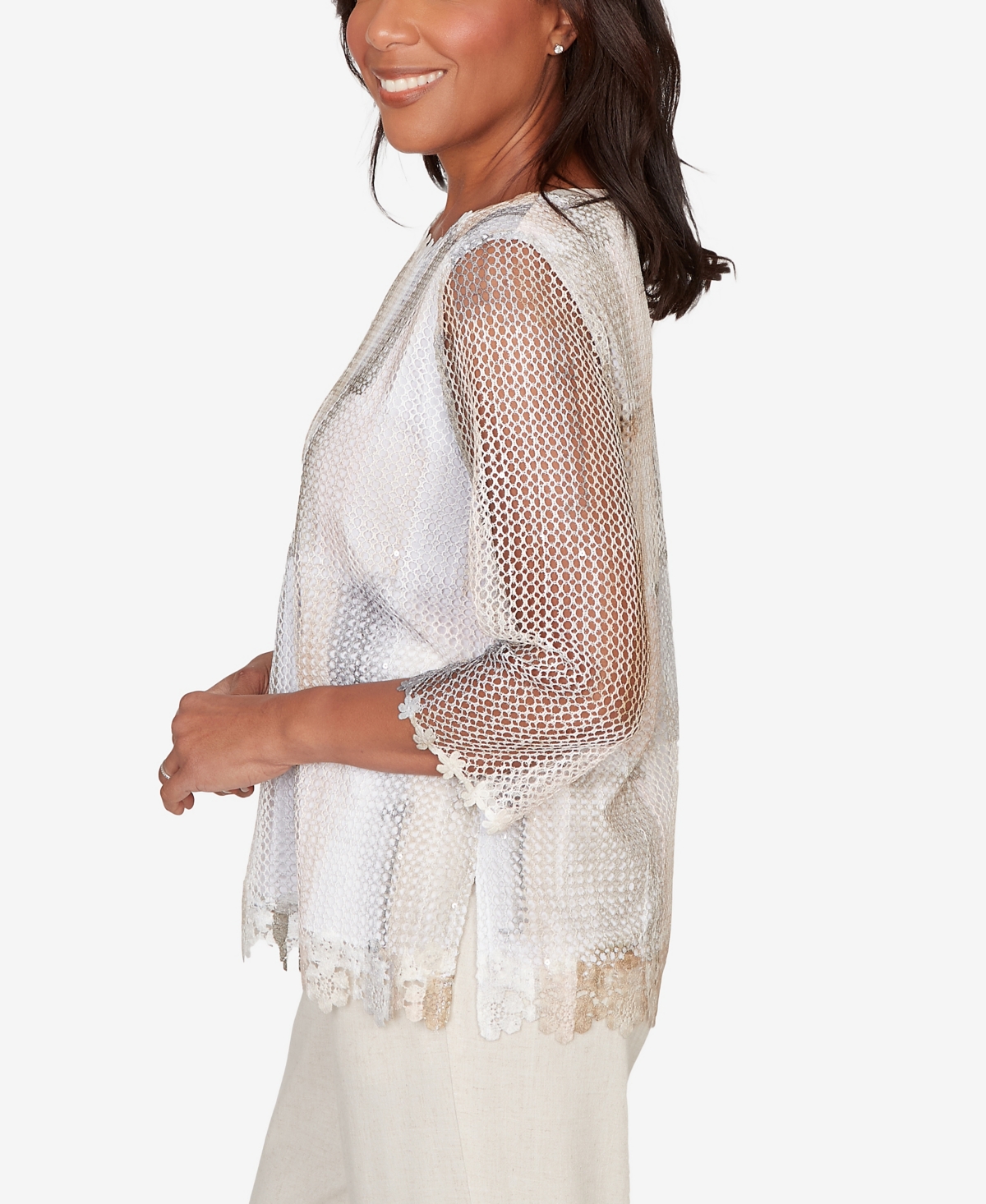 Alfred Dunner Women's Natural Wonder Neutral Brushstrokes Mesh Top