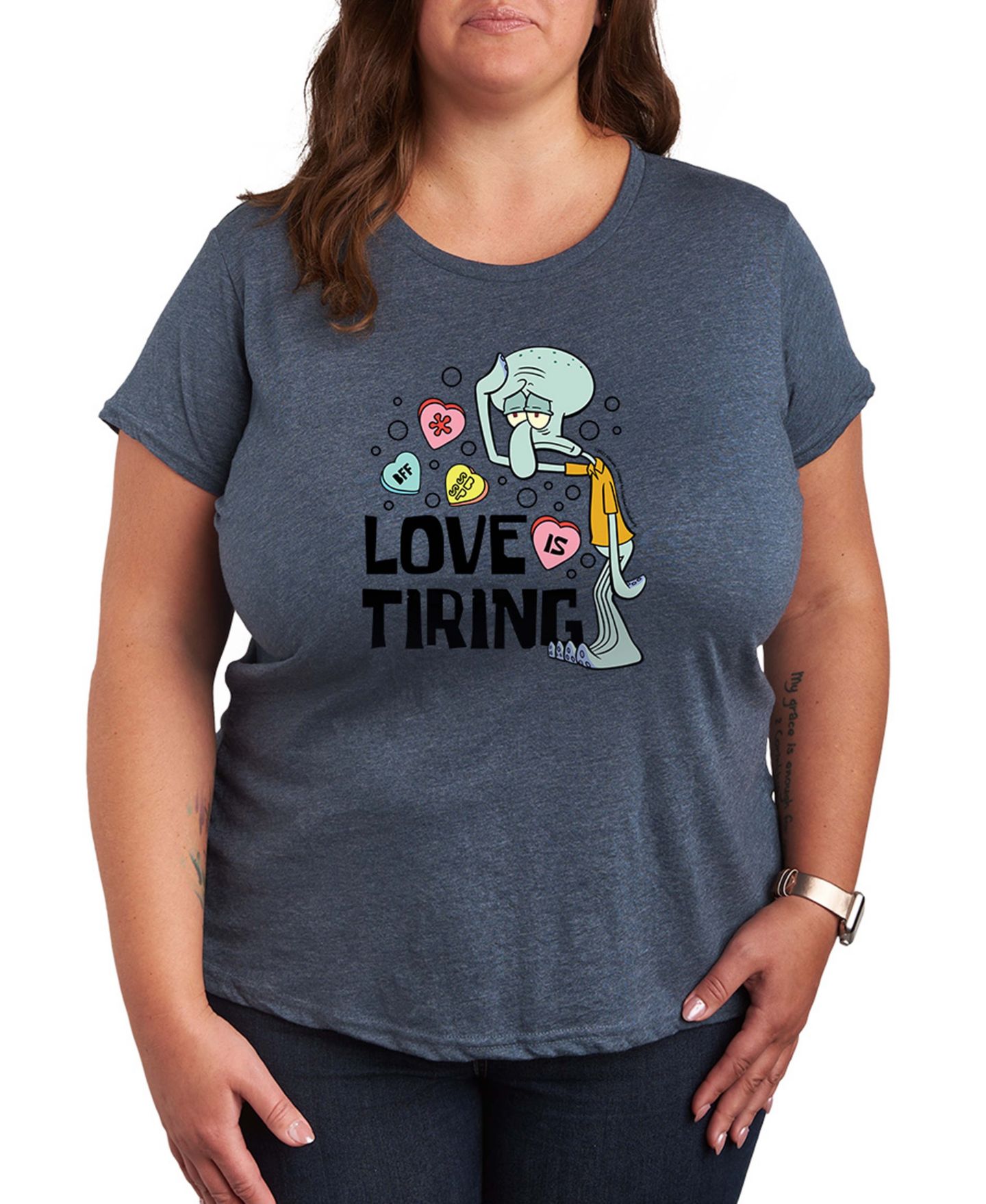 Женская футболка Hybrid Apparel Spongebob Squarepants Squidward Love Is Tiring Valentine Short-Sleeve Graphic, цвет: Меланжевый синий — фото 1