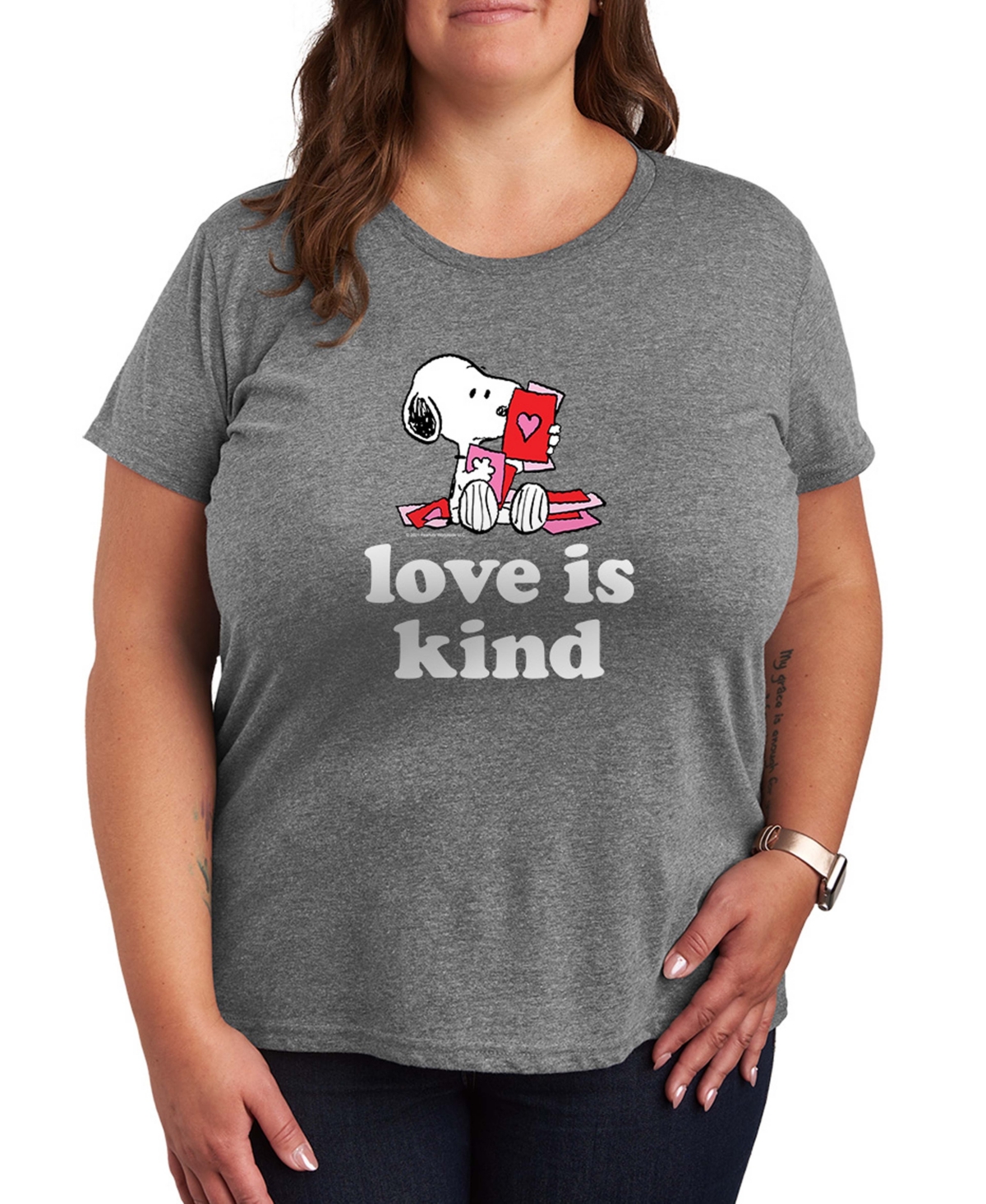 Hybrid Apparel Women's Peanuts Snoopy Valentine Love Is Kind Short Sleeve Graphic T-Shirt - Heather Gray