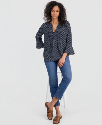 Women's Printed Pintuck Ruffle Sleeve Top
