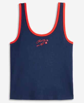 Women's Cherry Embroidered Double-Scoop Rib Tank