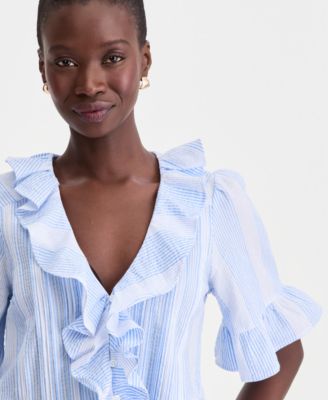 Women's Short Sleeve Ruffle-Front Cotton Blouse