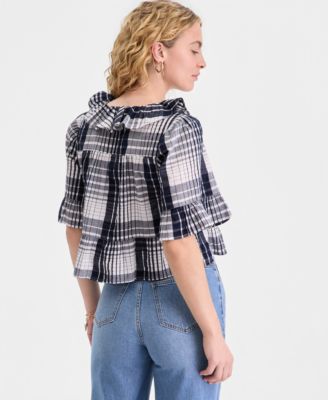 Women's Short Sleeve Ruffle-Front Cotton Blouse