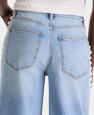 Women's High-Rise Cropped Faux-Pearl-Trim Jeans