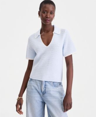 Women's Collared Short-Sleeve Crochet Sweater