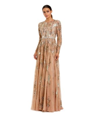 Women's Long Sleeve Mesh Embellished Evening Gown