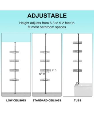 Corner Shower Caddy Tension Pole,  4-Tier Rustproof Bathroom Shelves with Built-In Towel Bars