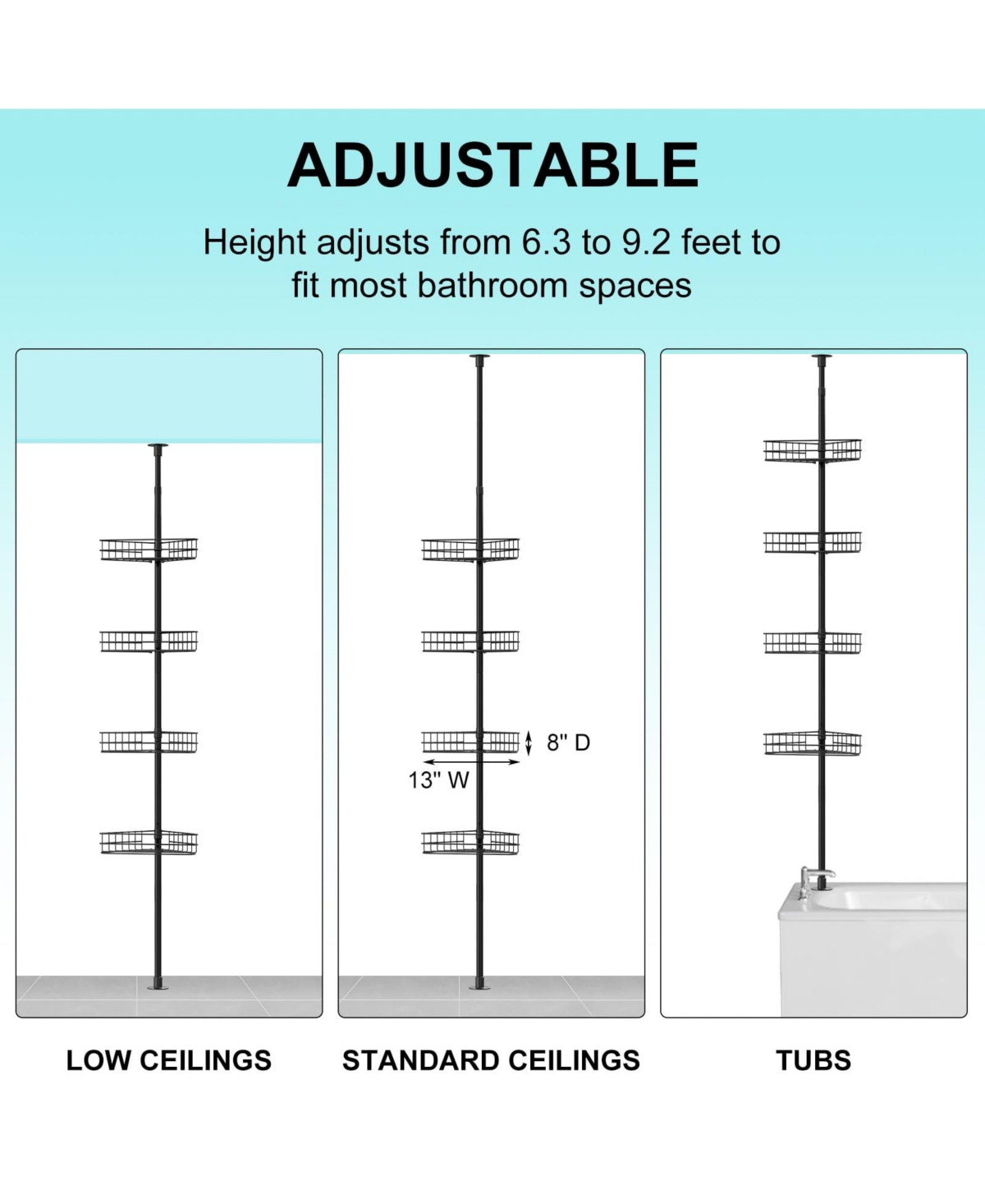 Homfan Corner Shower Caddy Tension Pole, 4-Tier Rustproof Bathroom Shelves with Built-In Towel Bars