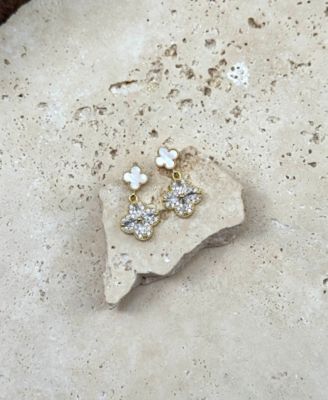 Gold Mother of Pearl and CZ Clover Drop Earrings