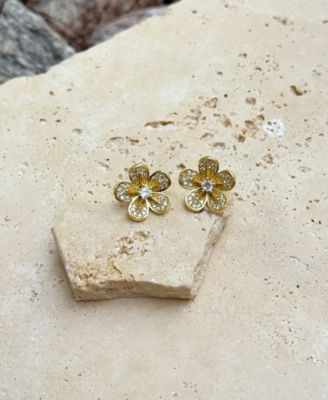 Gold CZ Flower Stud Earrings