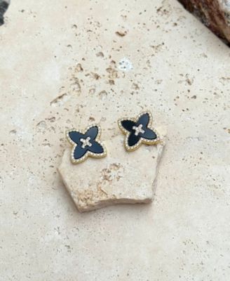 Gold CZ Black Statement Flower Stud Earrings