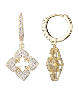 Gold CZ Pointed Clover Drop Huggie Hoop Earrings