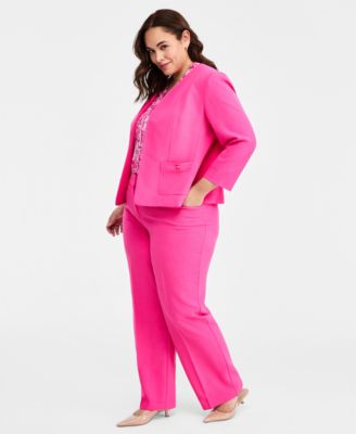Plus Size Patch Pocket Jacket, Printed Pleat-Neck Top & Straight-Leg Pants