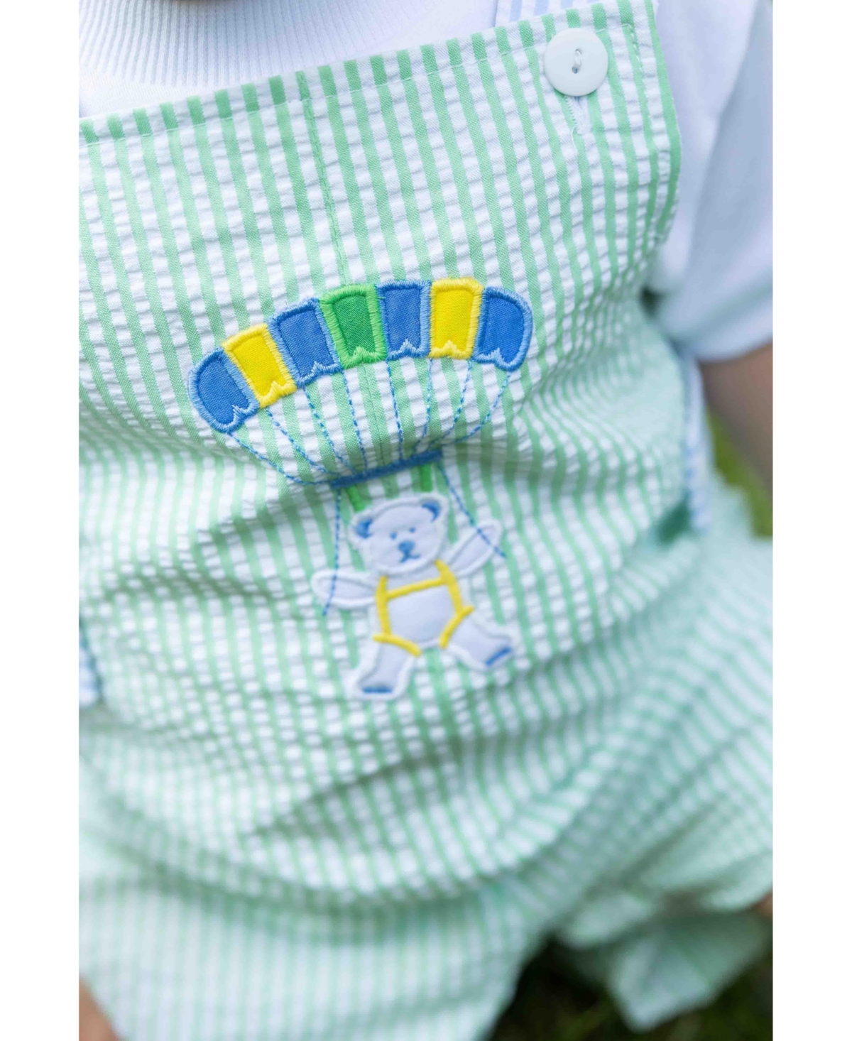 Florence Eiseman Baby Boy Seersucker Shortall With Parachute Bear
