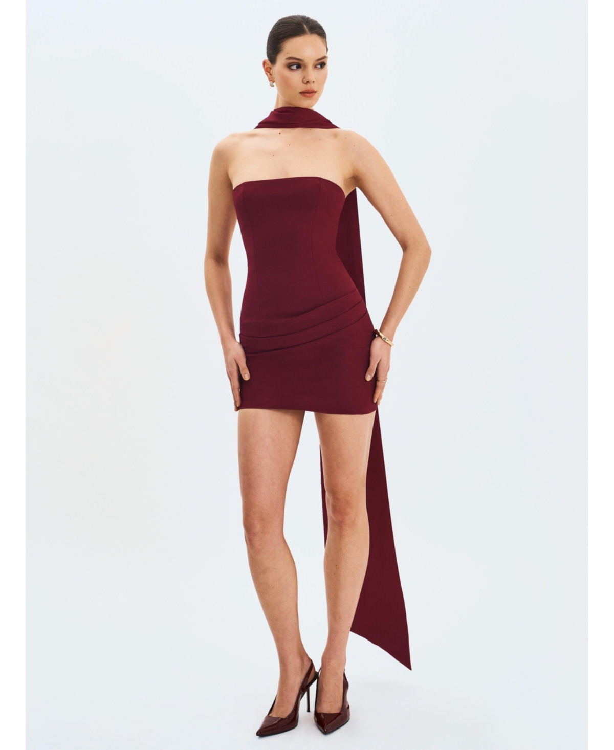 Miss Circle Women Ovelia Crimson Satin Ribbon Strapless Mini Dress