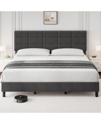 Upholstered Platform Bed Frame with Adjustable Tufted Linen Headboard, Wood Slats & Metal Legs, No Box Spring Needed