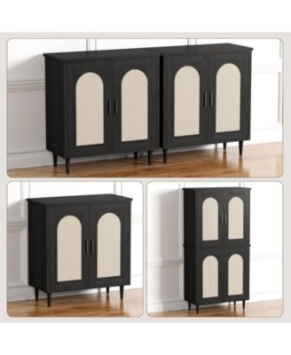 Set of 2 Rattan Sideboard Buffet Cabinet with 2 Doors,Farmhouse Kitchen Storage Cabinet with Adjustable Shelf,Wood Cupboard Accent Buffet Table