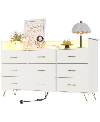 9-Drawer Tall Dresser with APP-Controlled RGB Lights & Charging Station, Modern Wooden Chest with 3 Outlets/2 USB