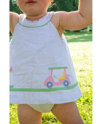 Baby Girl Check Seersucker Shortall With Golf Cart