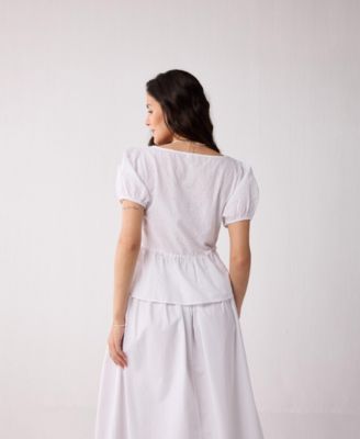 Women's Embroidered Peplum Top with Puff Sleeves