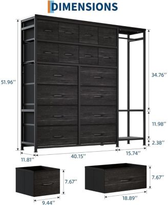 16 Drawer Dresser with Clothes Rack, Tall Fabric Storage Organizer for Bedroom Closet, Living Room