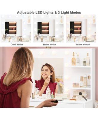 61" Vanity Desk with Mirror & Lights - Makeup Vanity with 8 Wide Drawers, 2-Tier Shelves, 3 Dimmable Modes