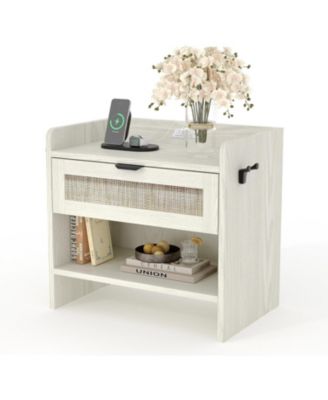 Boho Rattan Bedside Table with Type-C Charging Station, Nightstand with 1 Storage Drawer & Open Shelf