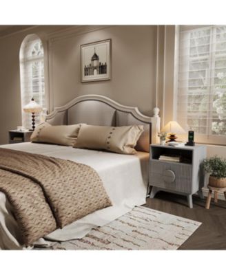 Fluted Night Stand Set of Wood Tall Nightstands with Charging Station, End Table with 2 Drawers, Oak