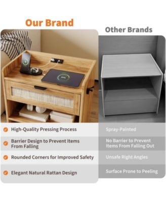 Rattan Nightstand, Bedside Table with Type-C Charging Station - 1 Storage Drawer & Open Storage Space
