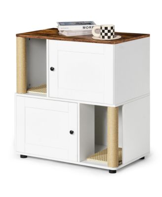 Double Cat Litter Box Enclosure Cabinet with Shelf and Scratching Post, Fits Two Litter Boxes, White and Vintage Finish