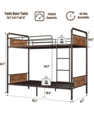 Bunk Bed Twin Over Twin with Ladder and High Guardrail, Twin Size Convertible Metal Bunk Beds, Easy Assembly, No Box Spring