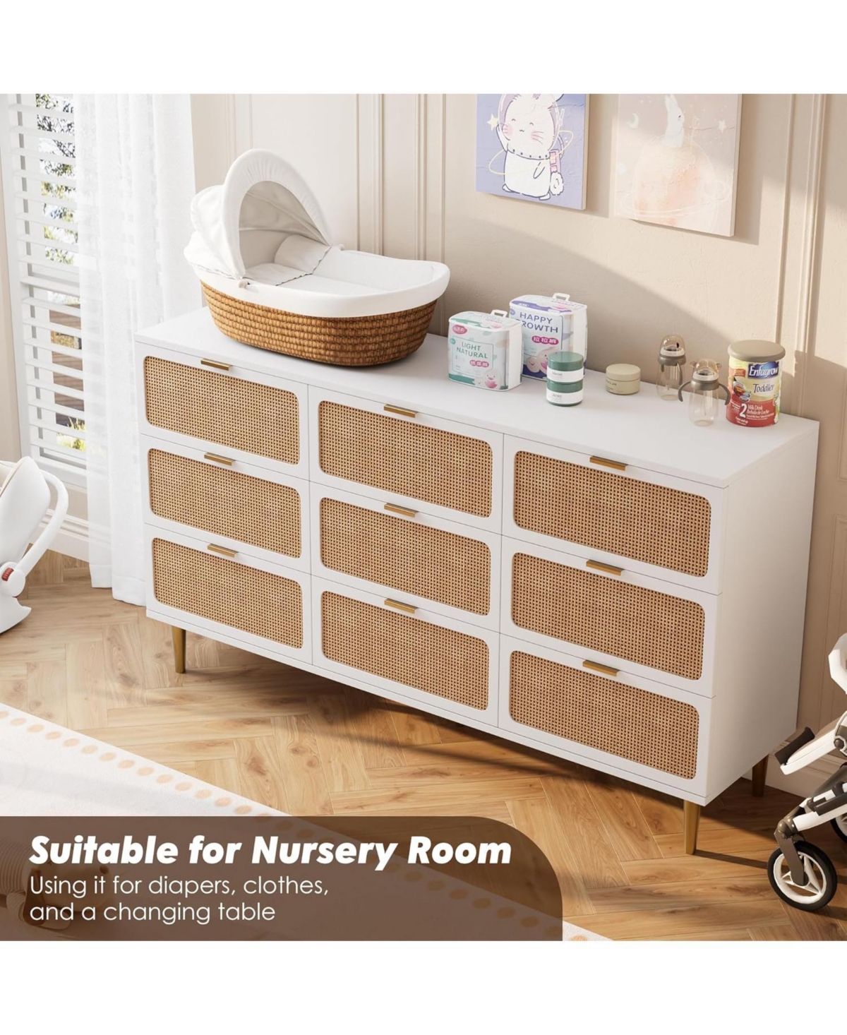gaomon Rattan 9 Drawer Dressers for Bedroom, Tall Dresser with Deep Drawers, Large Chest of Drawers Closet Wide Top