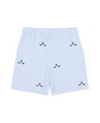 Little Boy Check Seersucker Short with Embroidered Golf Clubs