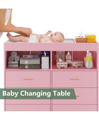 Dresser for Bedroom with 6 Drawers, Multi-Functional Nursery Dresser with LED Lights & Charging Station