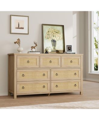 Rattan Dresser with 7 Drawers for Bedroom, Wide Wood Chest of Drawers, Large Clothes Storage Cabinet & TV Stand for Nursery, Living Room