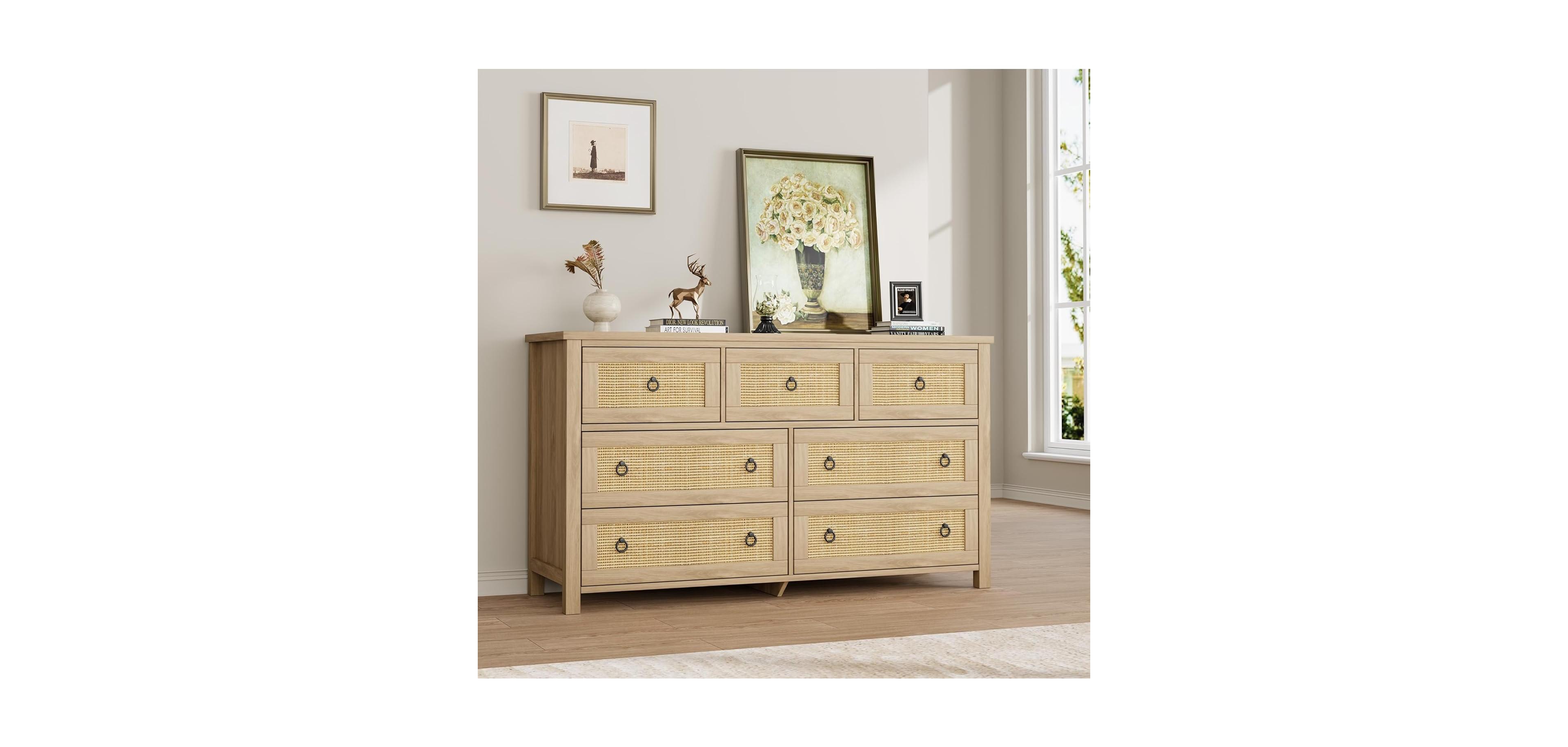 gaomon Rattan Dresser with 7 Drawers for Bedroom, Wide Wood Chest of Drawers, Large Clothes Storage Cabinet & Tv Stand for Nursery, Living Room