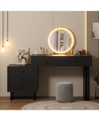 Vanity Desk with Mirror & 3-Color LED Lights, Modern Makeup Vanity with 5 Drawers