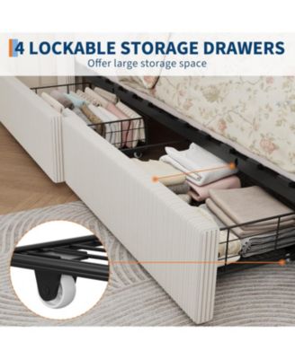 Bed Frame with Storage Drawers, Corduroy Upholstered Platform with Wingback, Tufted Headboard and Footboard, No Box Spring Needed,