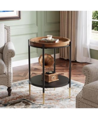 Round Side Table Set of 2, 2-Tier End Table with Solid Wood and Metal, Industrial Nightstand