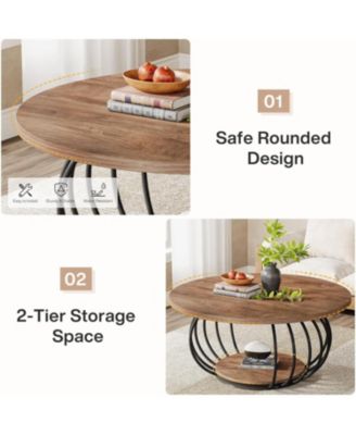 Round Coffee Table for Living Room, 39.4" Industrial Wooden 2-Tier Circle Accent Center Cocktail Table with Storage Shelf and Metal Frame