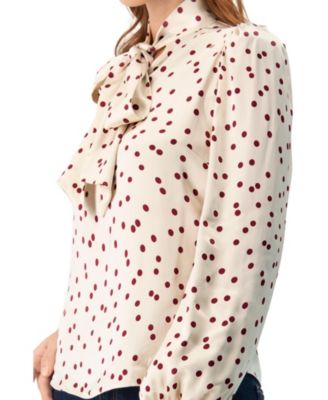 Women's Long Sleeve Polka Dot Blouse with Neck Tie