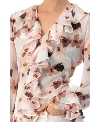 Women's Floral V-Neck Blouse with Ruffle Detail