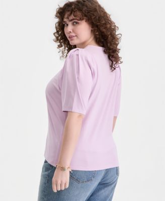 Trendy Plus Printed Ruched Puff-Sleeve Crewneck Top