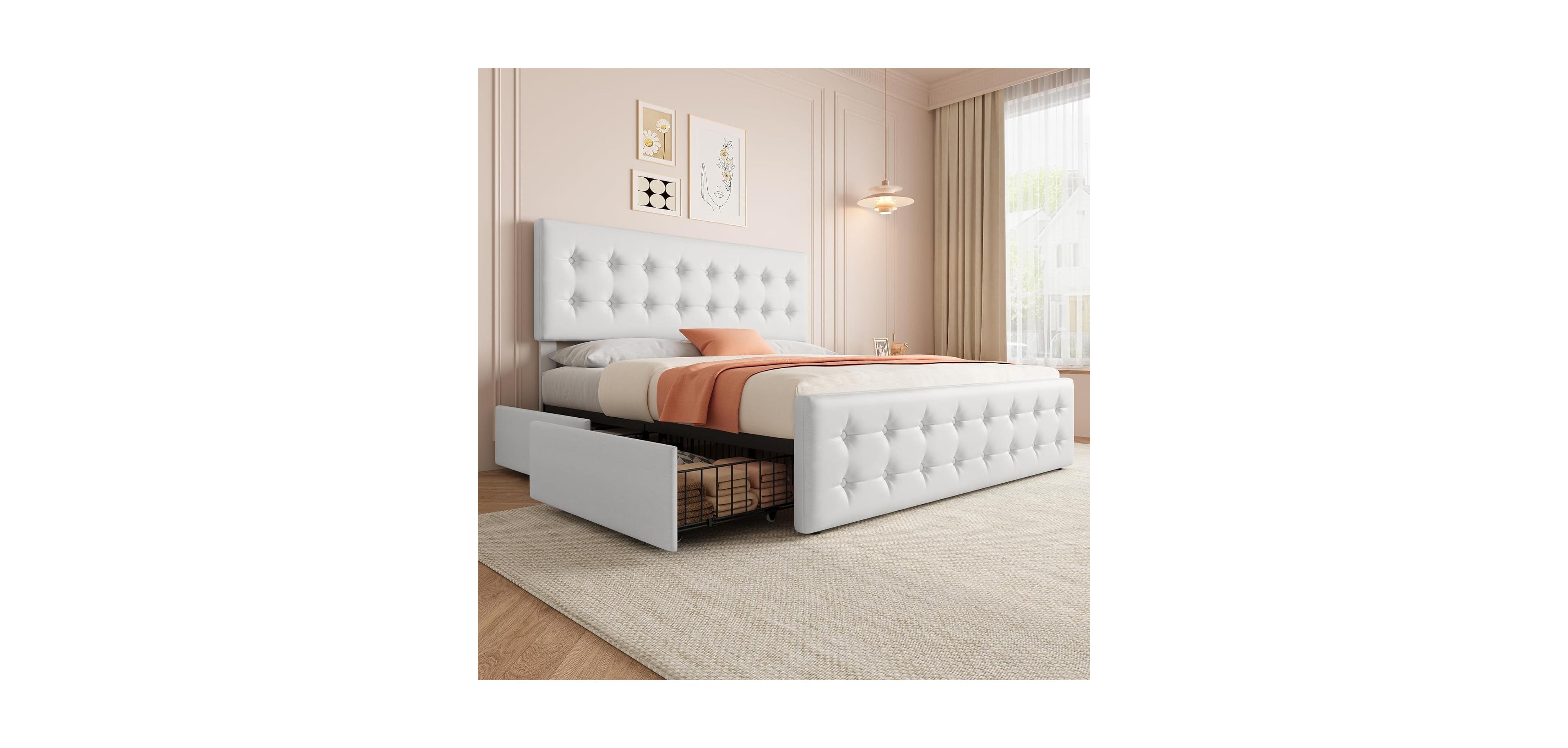 gaomon King Size Bed Frame with 4 Storage Drawers and Headboard, Button Tufted Design, No