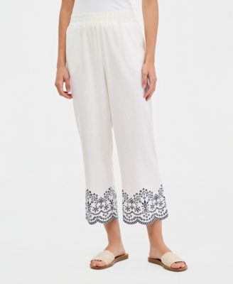 Women's Embroidered Cropped Linen-Blend Pull-On Pants