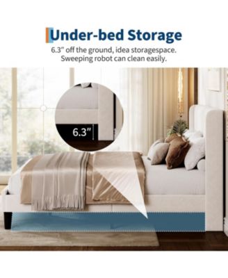 Queen Velvet Bed Frame with Wingback Headboard and Wood Slats