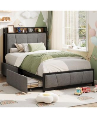 Twin Bed Frame with Storage Drawers, Charging Station & Storage Headboard