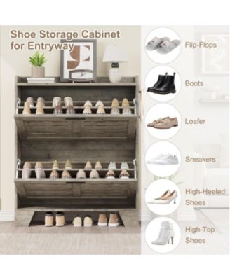 Narrow freestanding shoe cabinet with 2 flip drawers, hidden slim storage, and hooks, ideal for entryway or foyer.