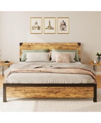 Gamon Rustic Brown King Platform Bed Frame with Wooden Headboard & Under Bed Storage