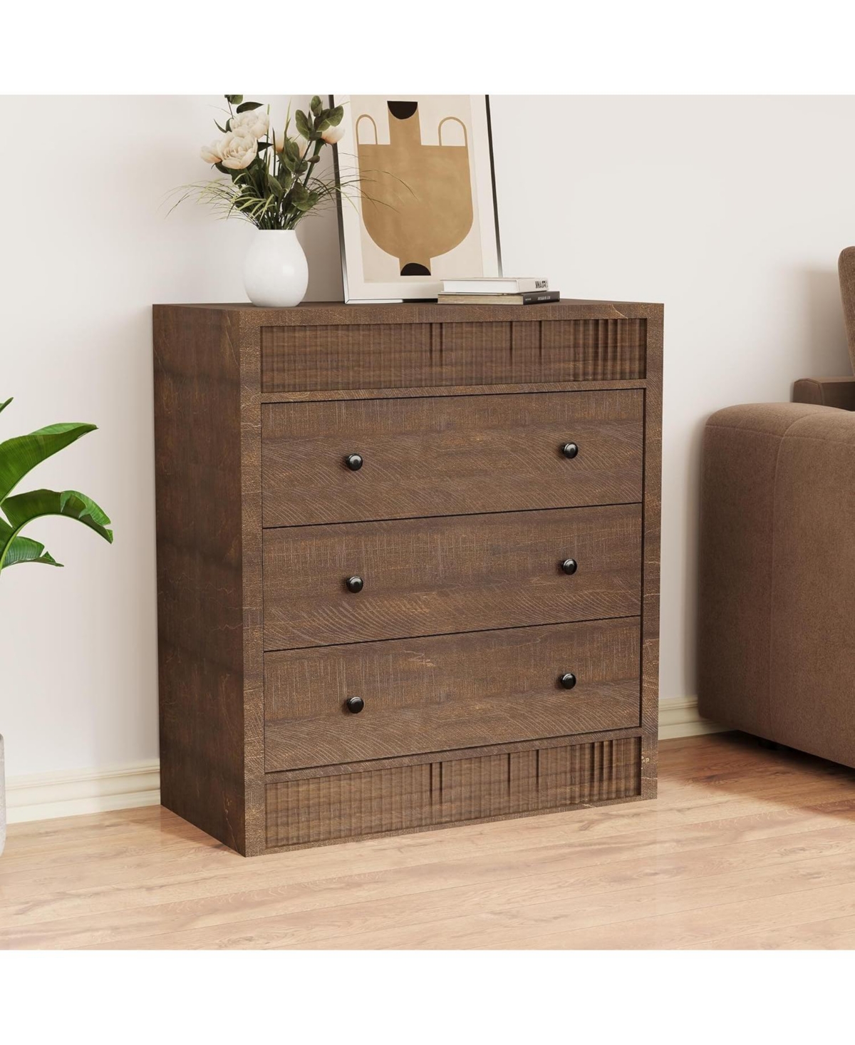 gaomon 3 Drawer Dresser for Bedroom, 31.5" Wide Fluted Chest of Drawers, Modern Wooden Nightstand Storage Cabinet Kids Room, Living Room
